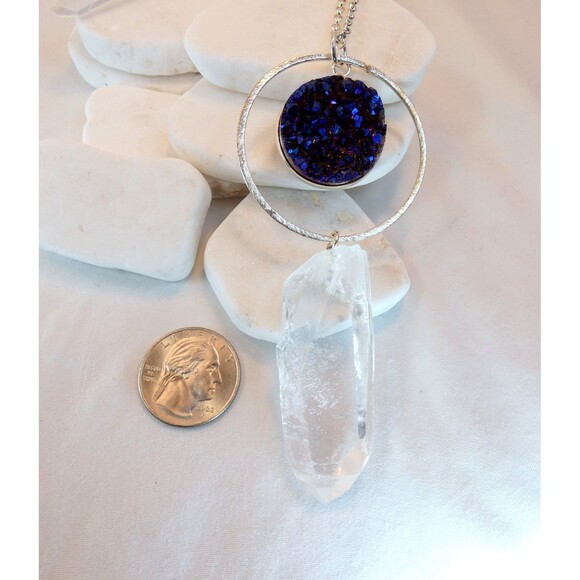 Natural Rock Crystal Quartz Point Titanium Blue Quartz Silver Necklace - Picture 5 of 6